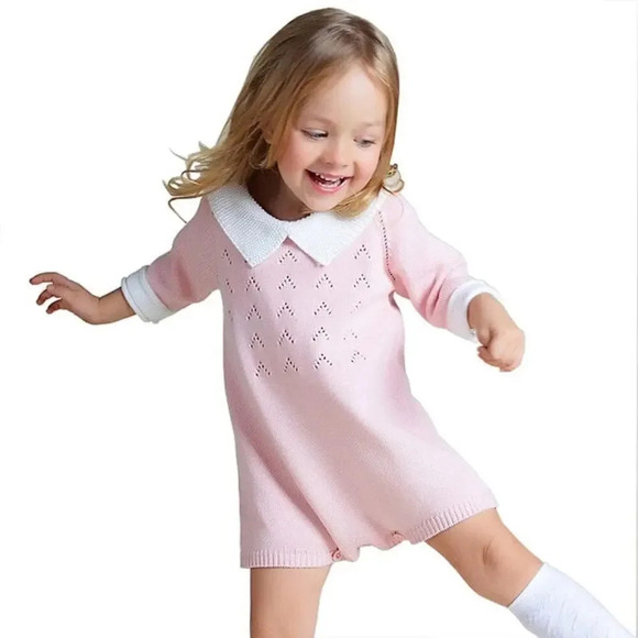 Baby girl knit romper collar pointelle short sleeve toddler bubble onesie - Picture 1 of 9